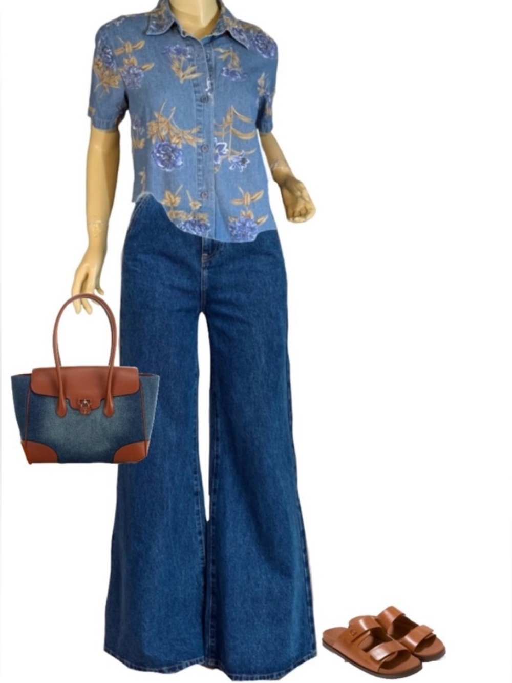 VINTAGE CHAMBRAY BLUE & BROWN FLORAL PRINT SHORT SLEEVE COTTON BUTTON DOWN (M)